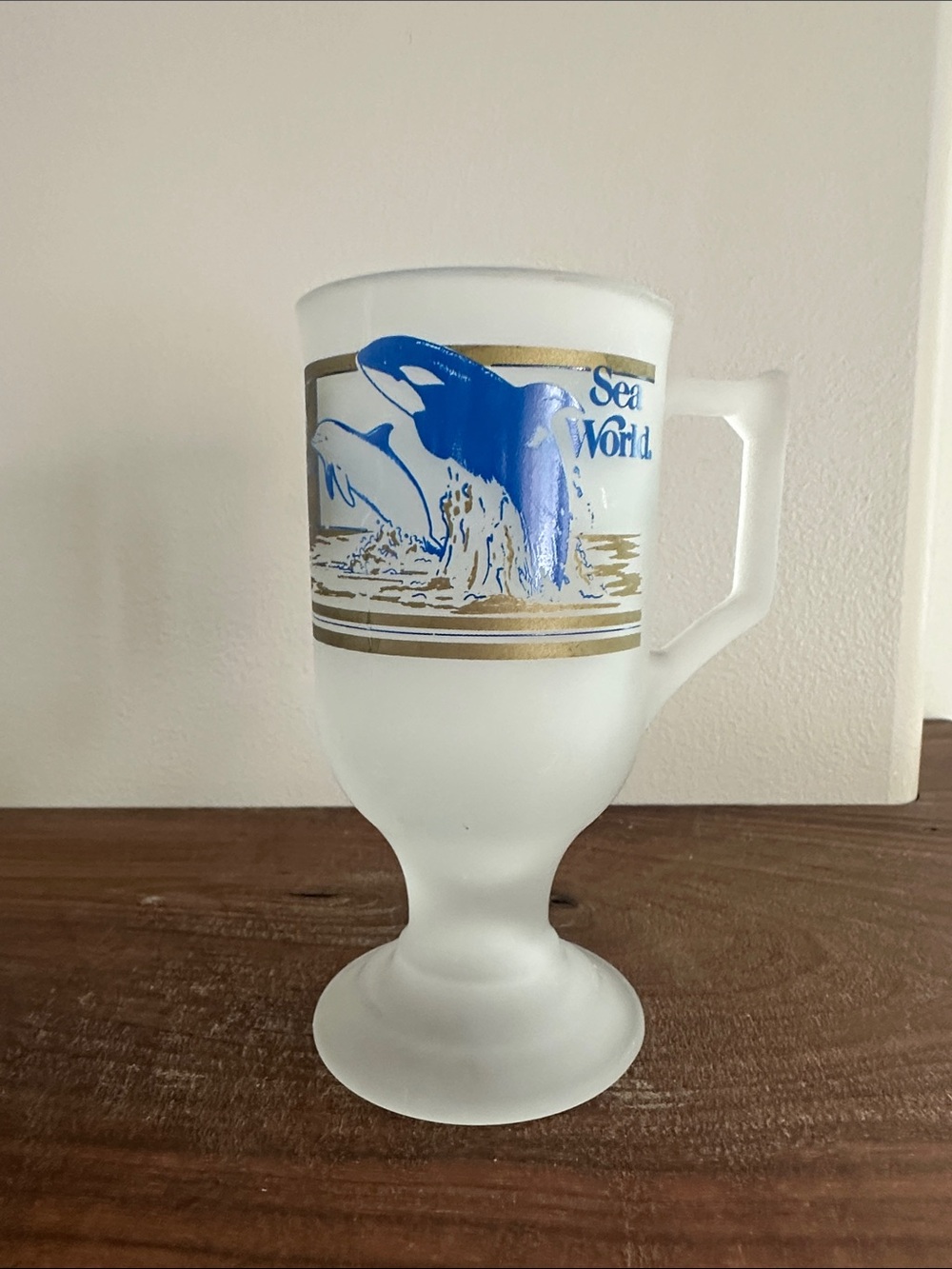 Retro 1980s Sea World Frosted Glass Pedestal Coffee Mug Whale - Sea World